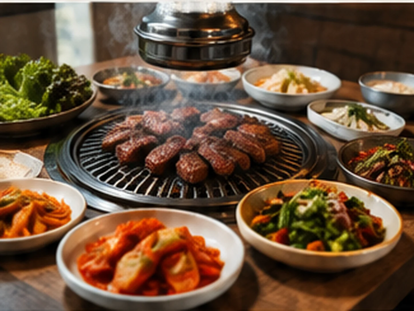 불판에 고기를 굽고 반찬을 곁들인 고깃집 메뉴 중심 사진